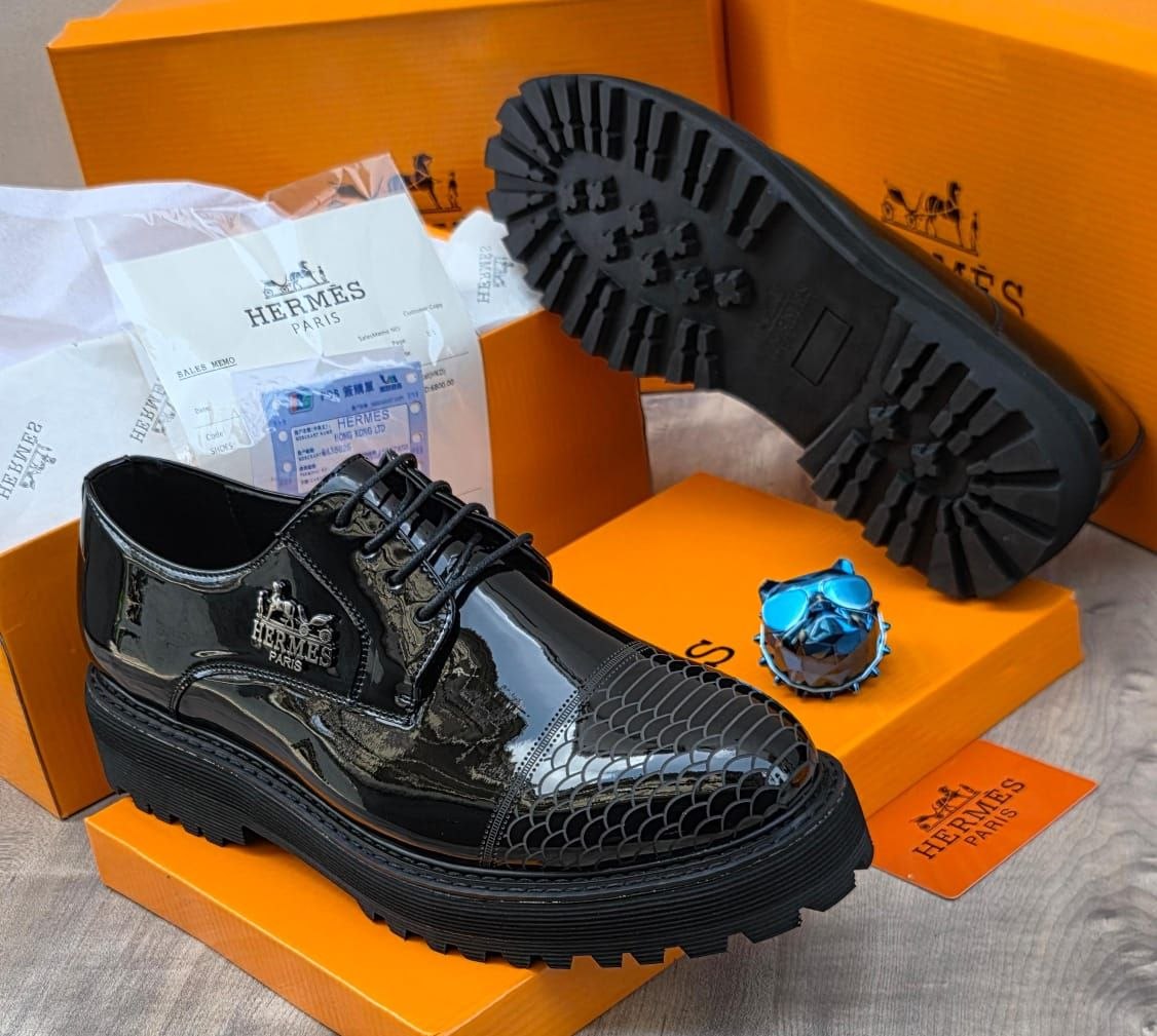 Men’s Premium Glossy Derby Shoes with Textured Toe