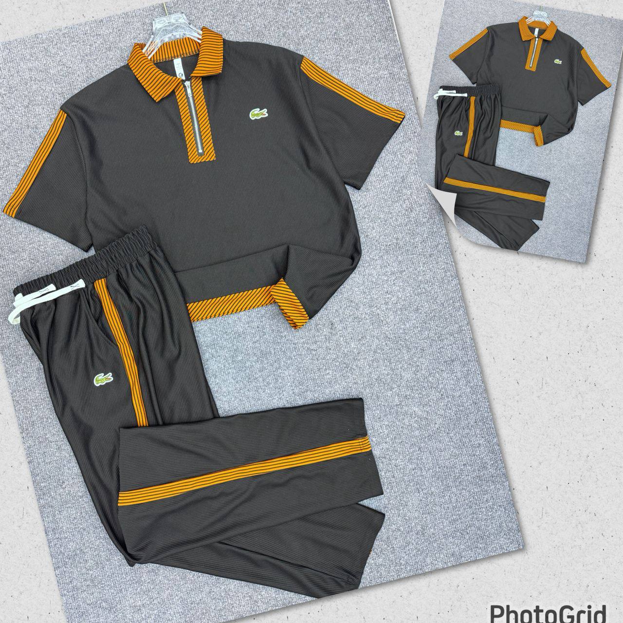 Lacoste Ribbed Quarter-Zip Polo and Track Pants Set (Charcoal/Orange Edition)