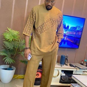 Men's Laser-Cut Geometric Crewneck Tunic & Side-Slit Pants Set – Mustard Khaki