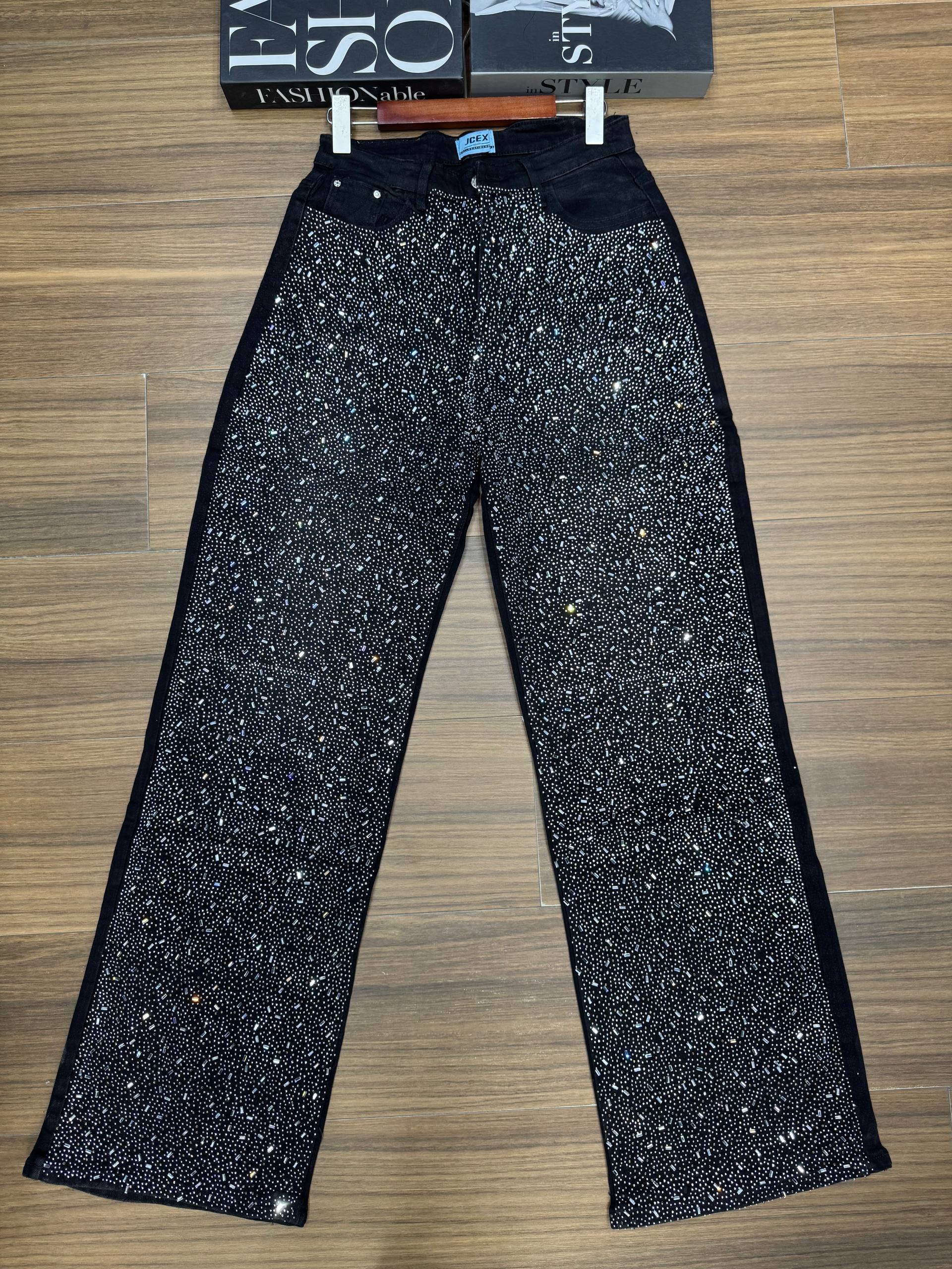 Midnight Crystal High-Waisted Wide-Leg Jeans – Full-Glam Jet Black