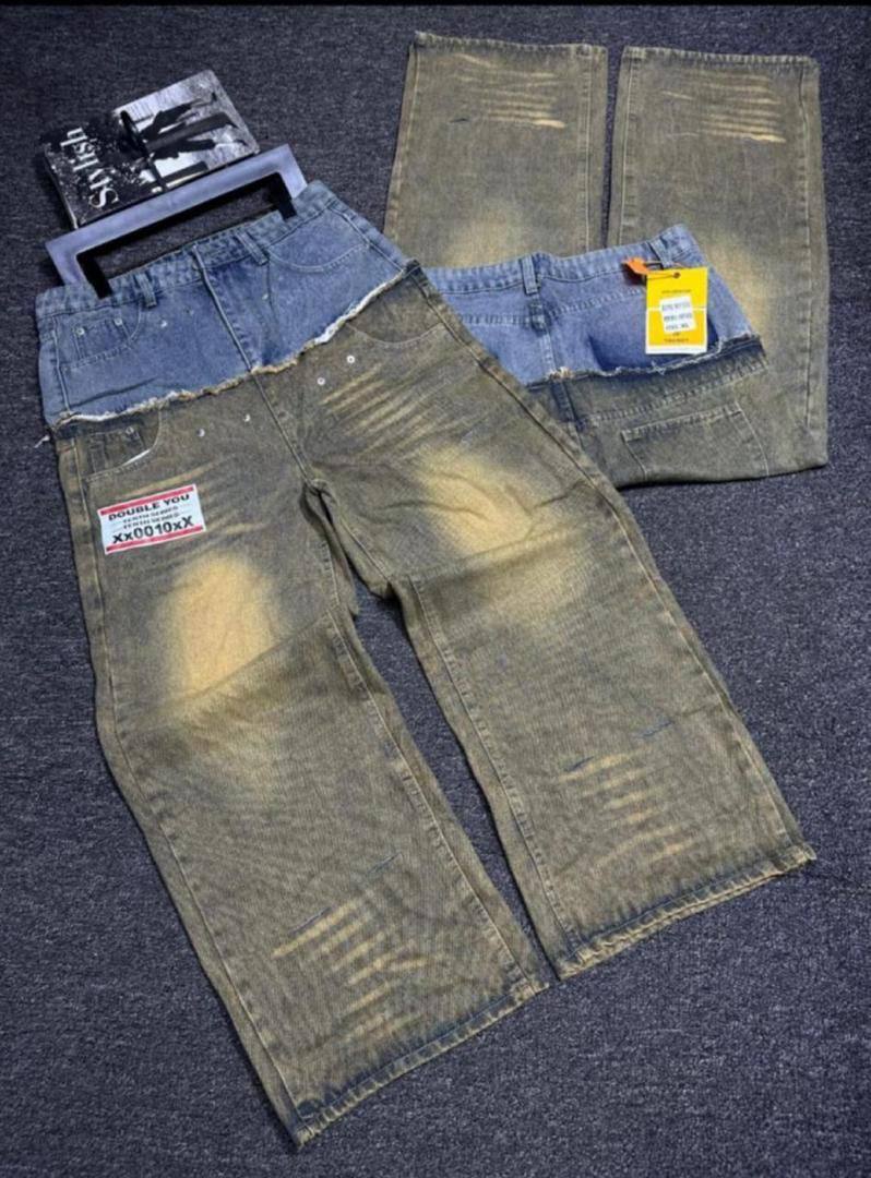 Womens Casual Contrast Stitch Baggy Combat Denim Pants