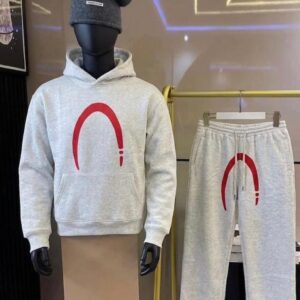 Men’s Premium Minimalist Crescent Hooded Tracksuit - Heather Slate Gray & Crimson Red