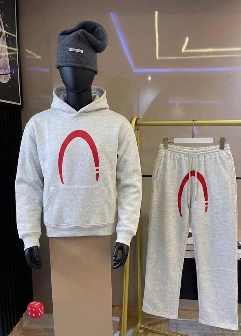 Men’s Premium Minimalist Crescent Hooded Tracksuit - Heather Slate Gray & Crimson Red