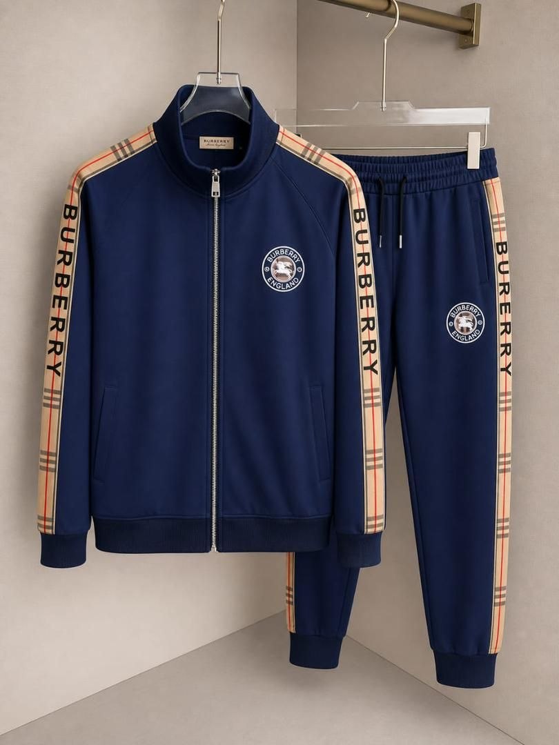 Men's Luxury Vintage Check Taped Tracksuit – Navy Blue