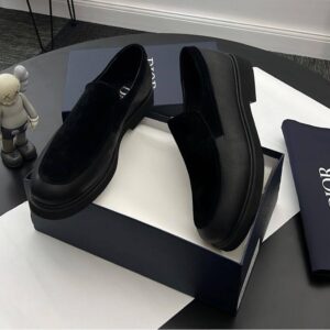Men’s Dior Style Mixed-Media Loafers – Pebbled Leather & Velvet Slip-Ons in Black 