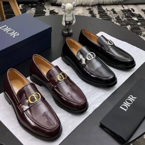 Men’s Dior Style CD Icon Loafers = Polished Leather Moccasins in Burgundy & Black