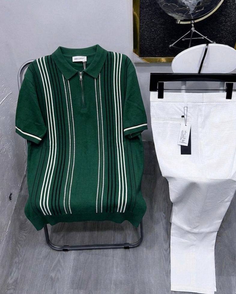 Men’s Premium Vintage-Stripe Quarter-Zip Knit Polo & Linen-Textured Trousers Co-ord Set