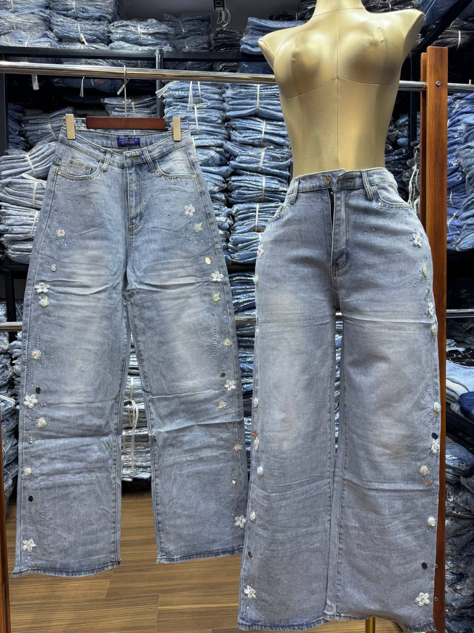 Sequin High-Waisted Wide-Leg Jeans