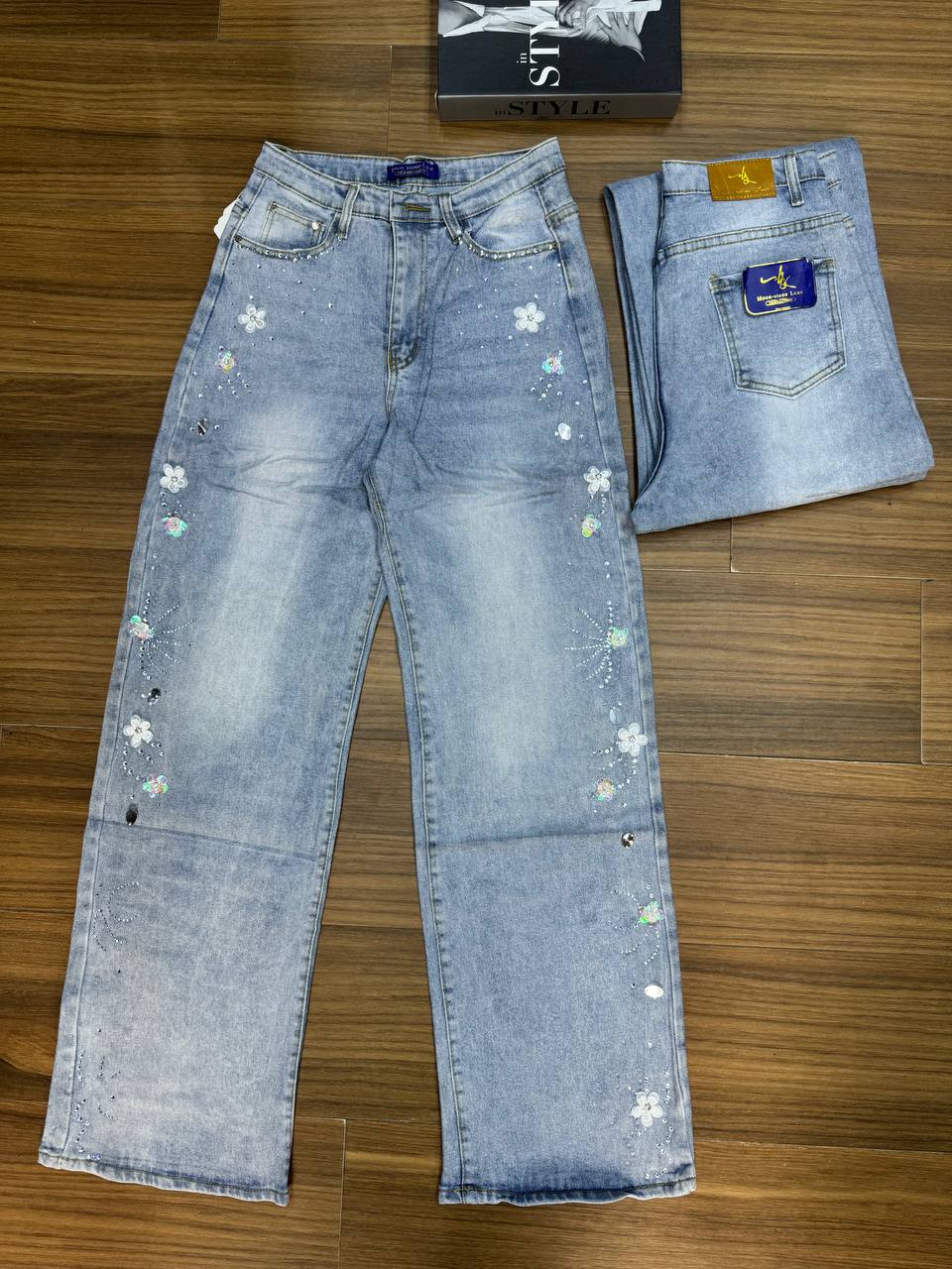 Floral Rhinestone High-Waisted Wide-Leg Jeans