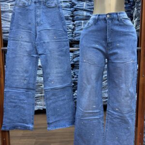 Rhinestone High-Waisted Wide-Leg Jeans – Glam Light Wash