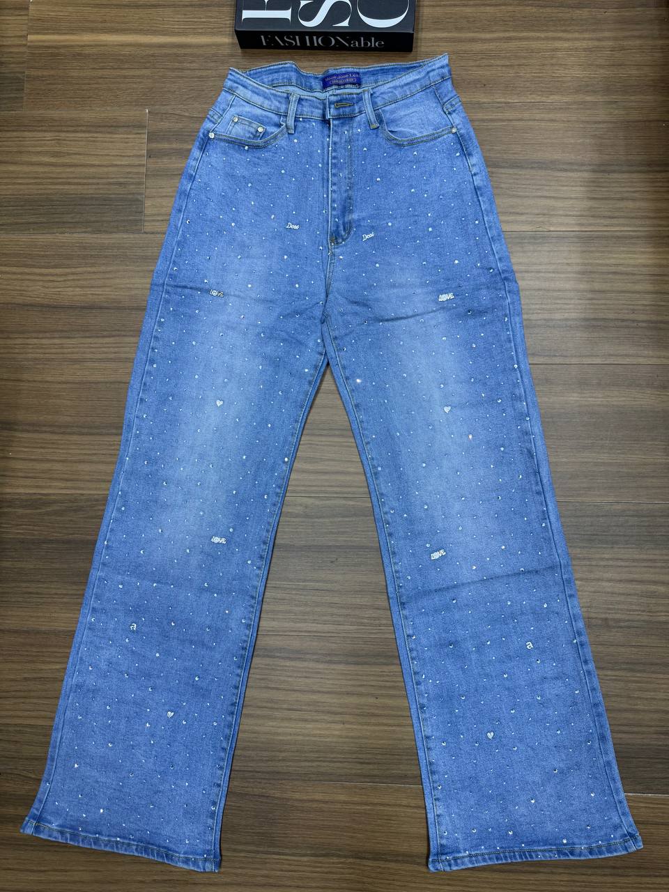 All-Over Starburst Rhinestone High-Waisted Wide-Leg Jeans