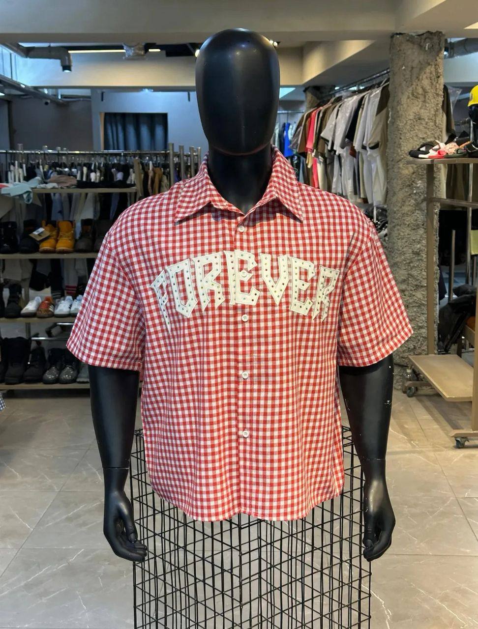 "Forever" Rivet-Graphic Gingham Shirts