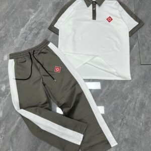 Men's Colorblock Sporty Polo Shirt & Side-Stripe Track Pants Set – Khaki Gray