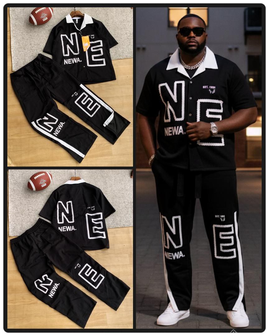 Men's NEWA Graphic Short-Sleeve Button-Down Shirt & Wide-Leg Pants Set – Sleek Black