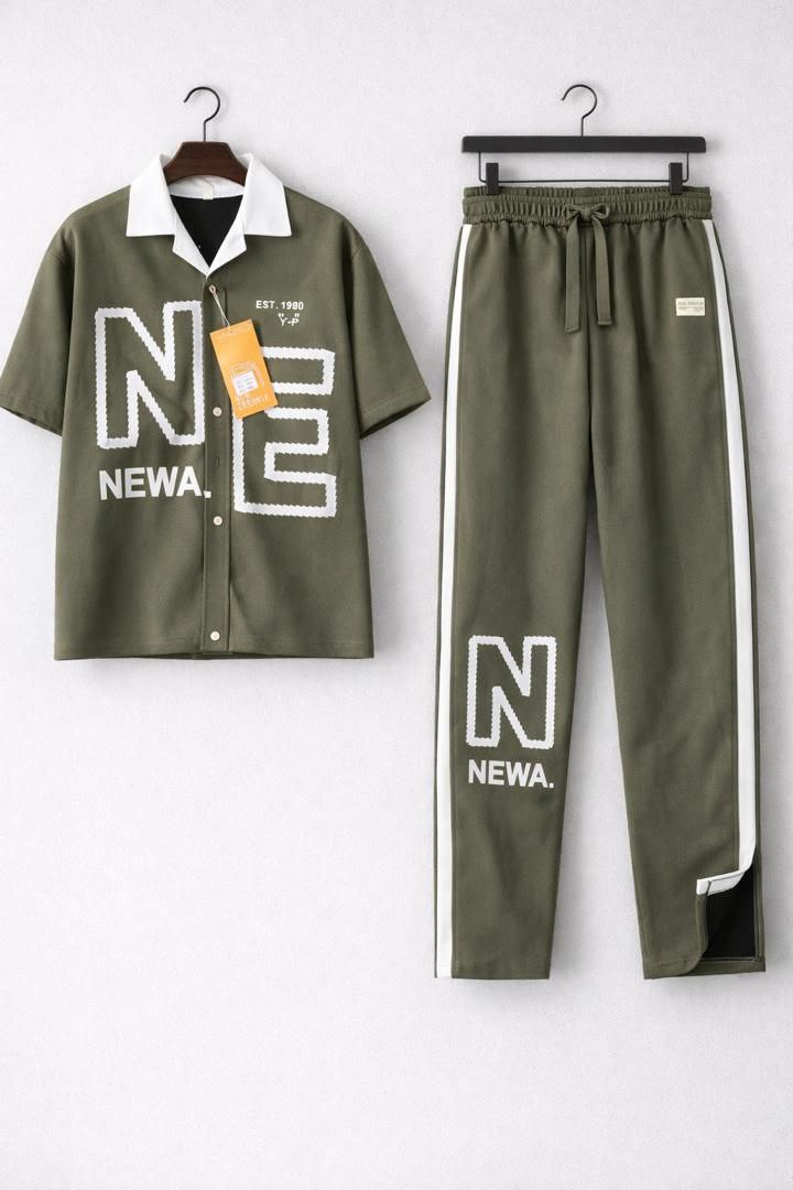 Men's NEWA Graphic Short-Sleeve Button-Down Shirt & Wide-Leg Pants Set – Olive Green