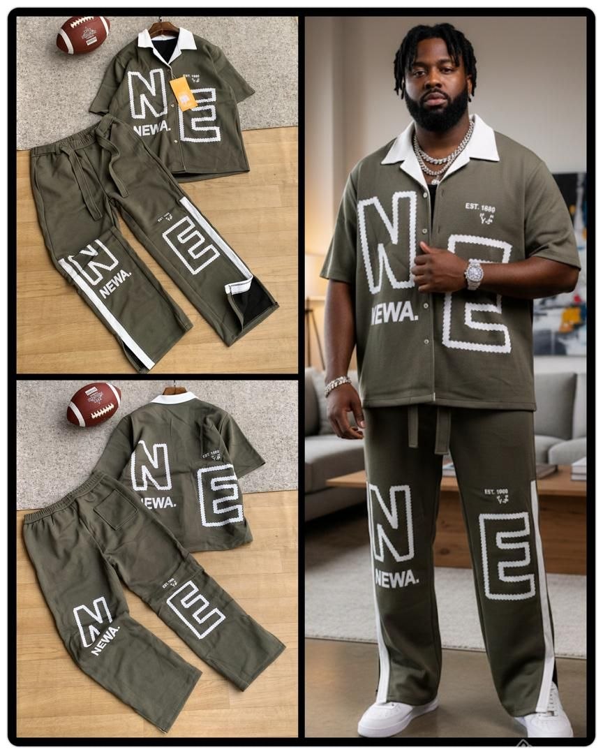 Men's NEWA Graphic Short-Sleeve Button-Down Shirt & Wide-Leg Pants Set – Olive Green - Image 2