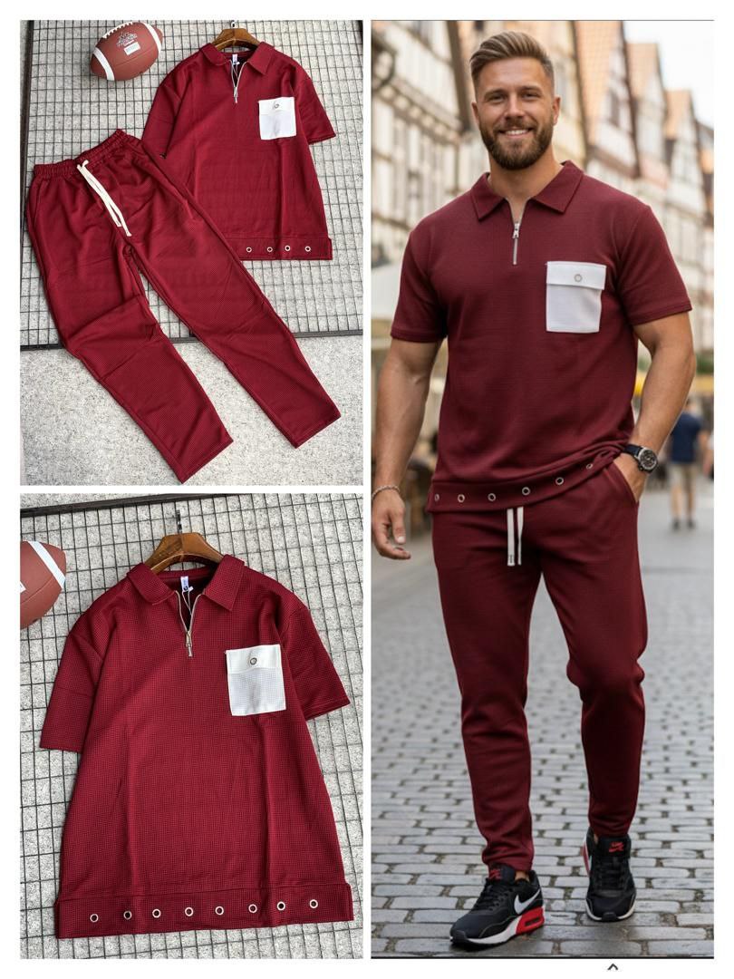 Men's Textured Quarter-Zip Polo Shirt & Joggers Two-Piece Set – Burgundy / White