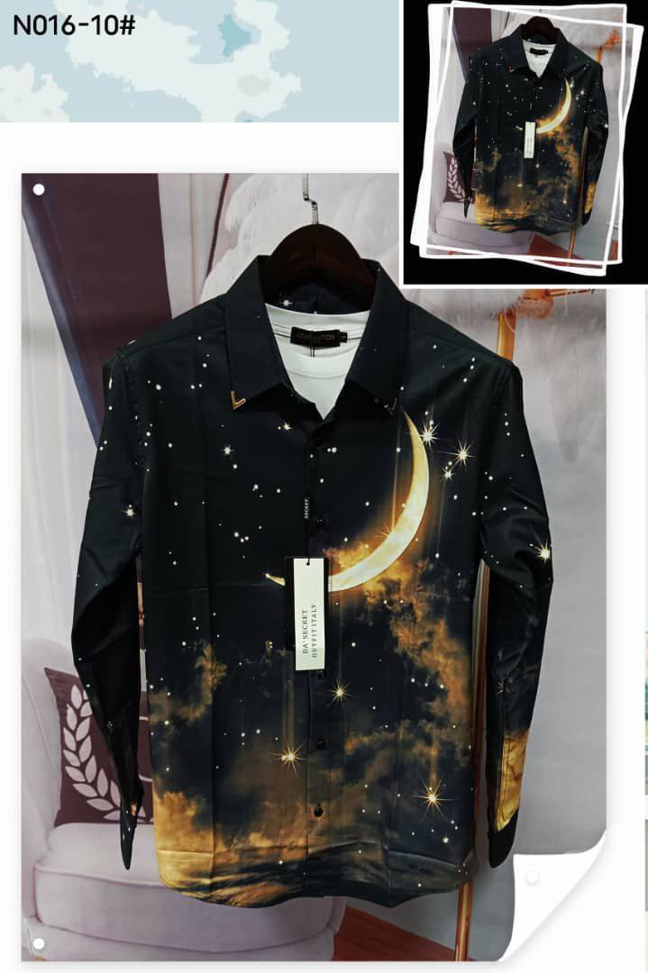 Men's Cosmic Night Sky & Crescent Moon Graphic Long-Sleeve Shirt