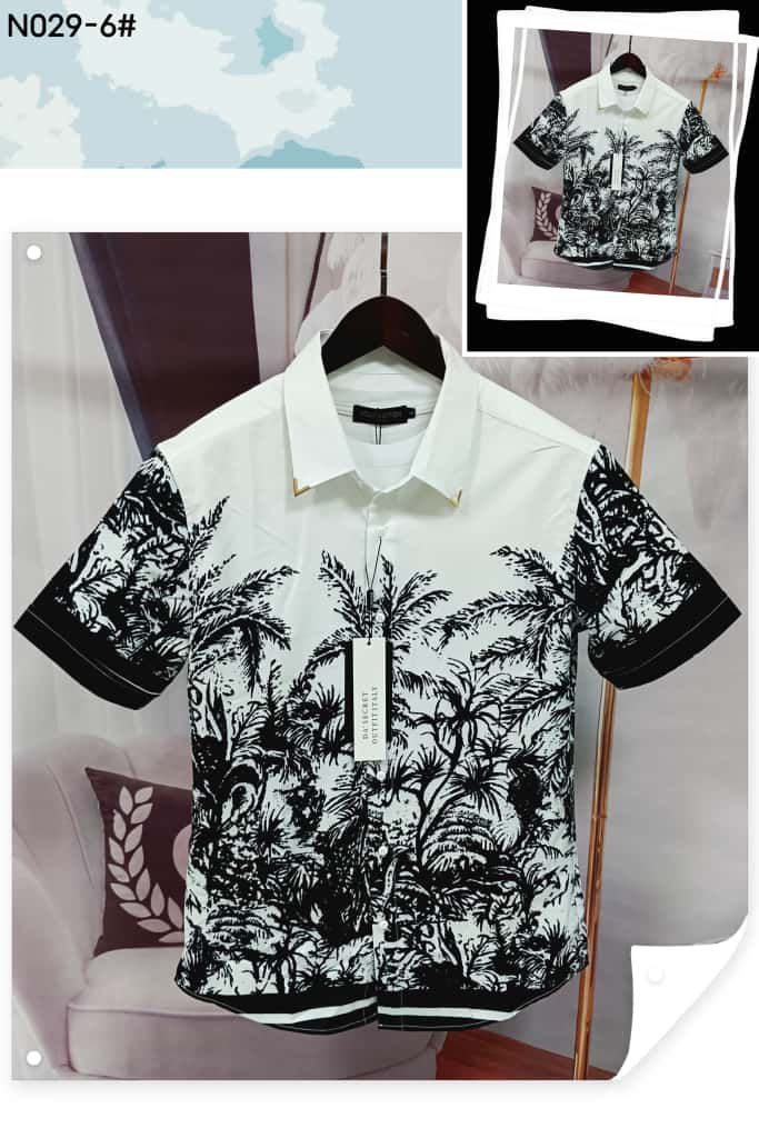 Men’s Premium Vintage Patterned Silk Shirt Collection - Monochrome Tropical Palm Paradise