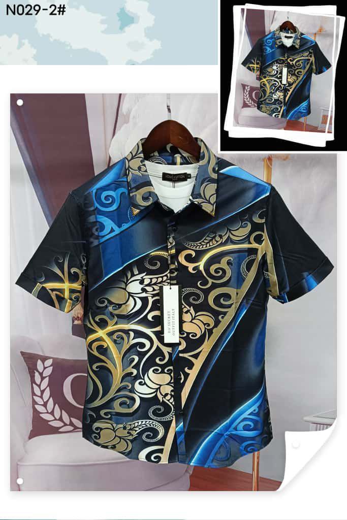 Men’s Premium Vintage Patterned Silk Shirt Collection - Royal Blue & Gold Baroque Scroll