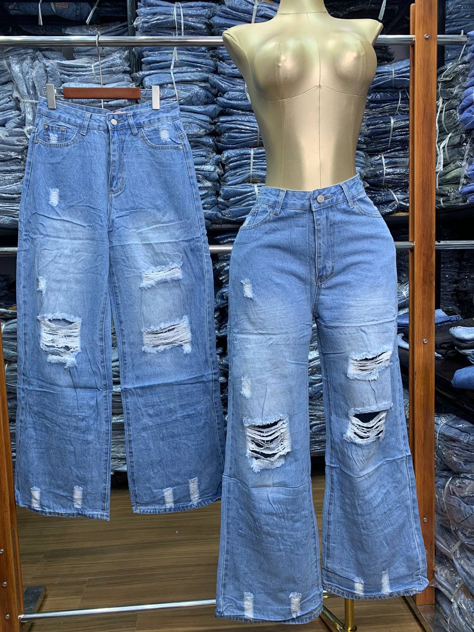 Shredded Light Wash High-Waisted Wide-Leg Jeans