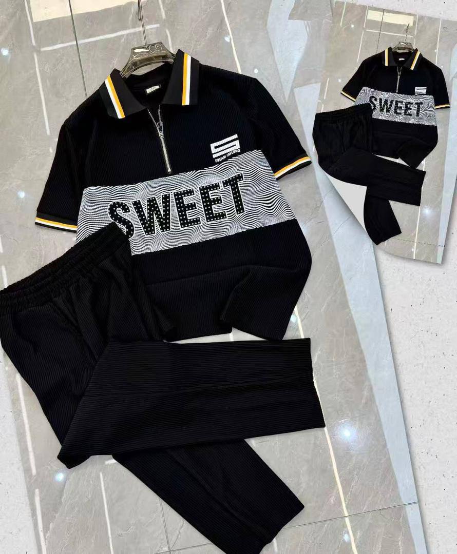 Men’s Premium Textured Plissé "SWEET" Rhinestone Co-ord Set