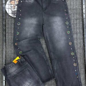 "Prism Flower" Gemstone-Embellished Washed Black Denim