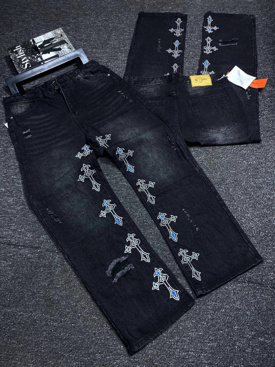 Gothic Cross Embroidered Black Jeans