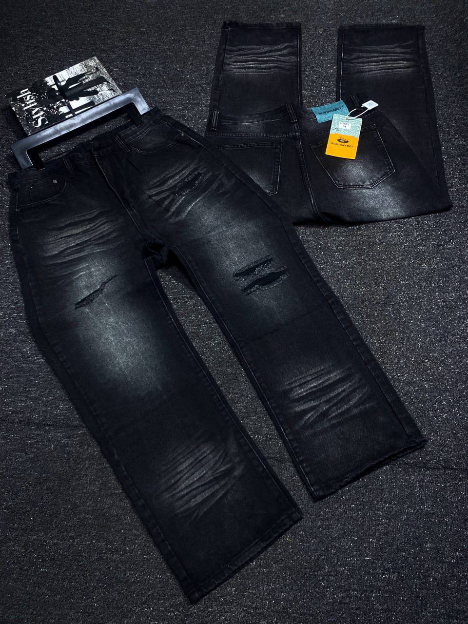 Men's Premium Waxed Distressed Black Jeans – Relaxed Fit Ripped Straight-Leg Denim with Ribbed Pleats