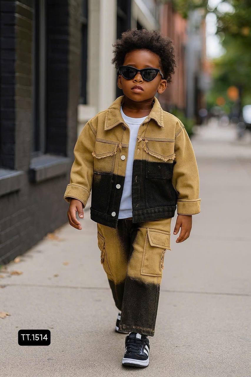 Kids' Luxury Vintage 3-Piece Denim Jacket & Cargo Pants Set