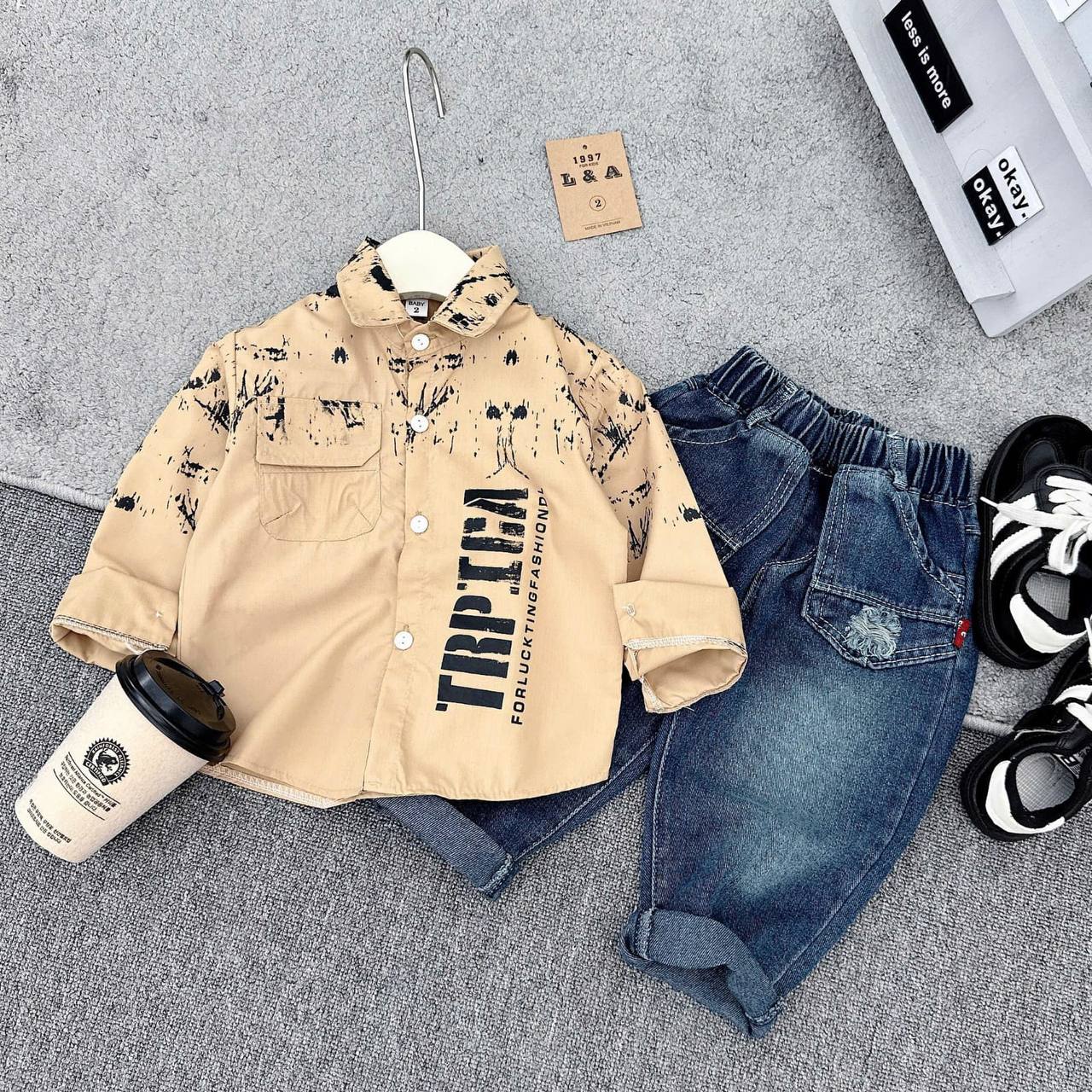 Kids' Premium Vintage Embroidered Cotton T-Shirt & Cargo Pants Set