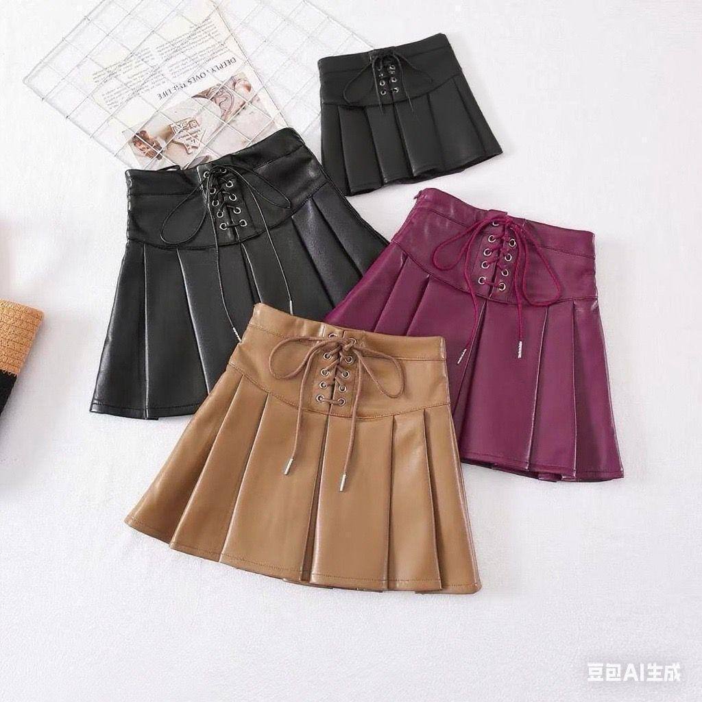 Girls Faux Leather Pleated Mini Skirt – Kids Lace-Up High Waisted Skater Skirt - Image 4
