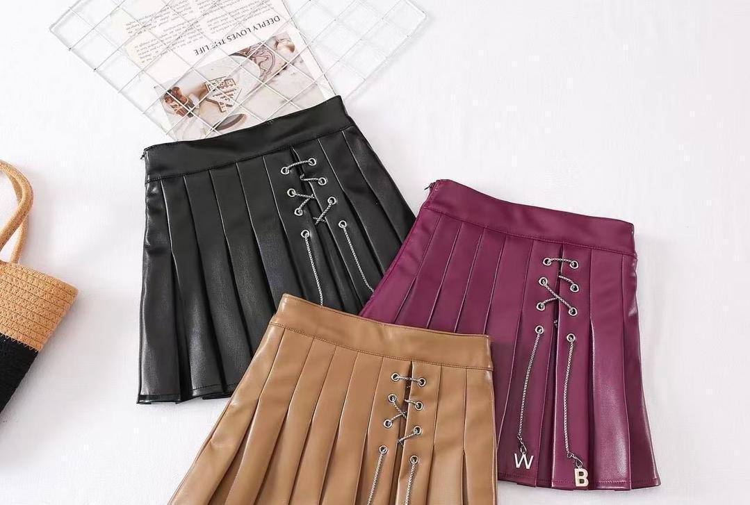 Girls Faux Leather Pleated Mini Skirt – Kids Lace-Up High Waisted Skater Skirt - Image 2