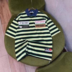"Eastern Influence" Striped Mixed-Media Polo