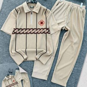 Ribbed Two-Piece Polo & Trouser Set - Cream color
