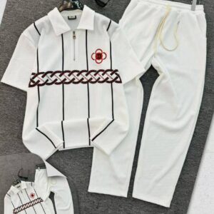 Premium Ribbed Two-Piece Polo & Trouser Set - White