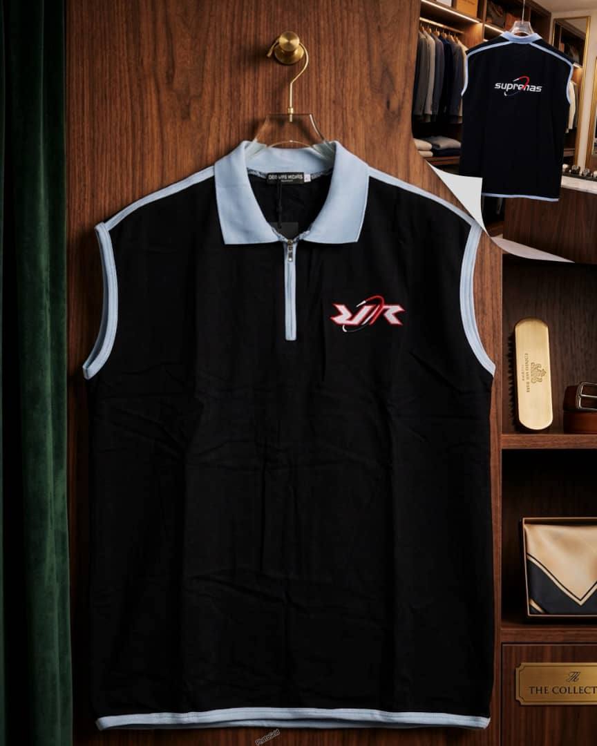 "Suprehas" Sleeveless Zipper-Placket Executive Polo - Black