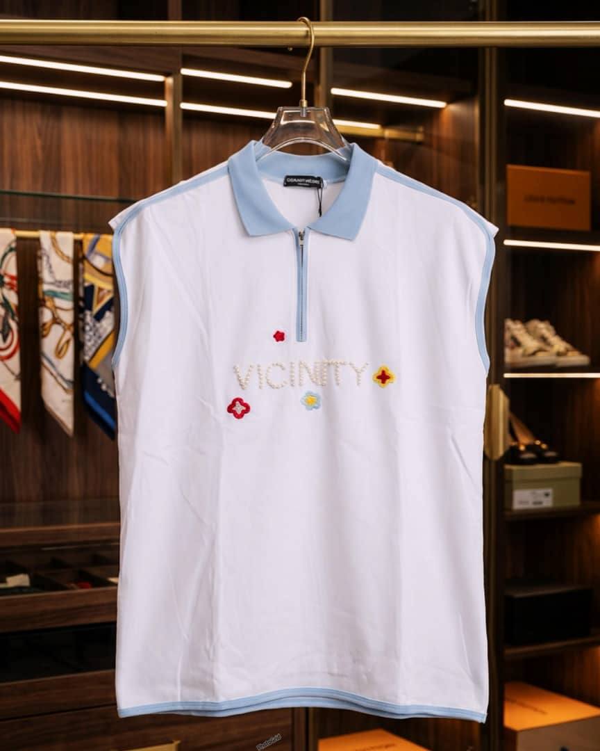 "Vicinity" Pearl-Beaded Sleeveless Zipper Polo