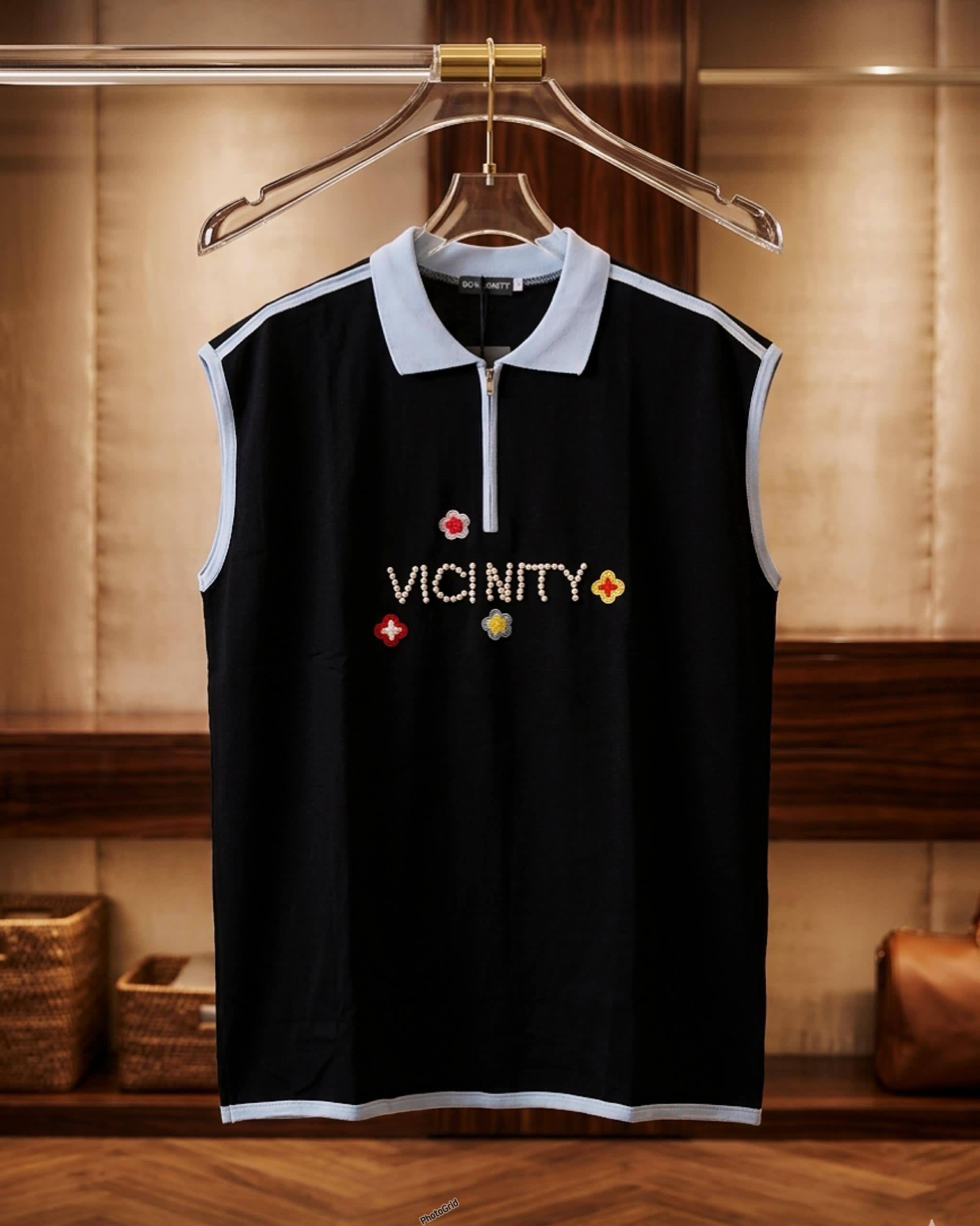 "Vicinity" Beaded-Graphic Sleeveless Zipper Polo