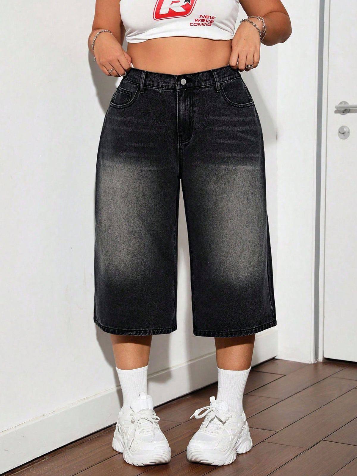 Washed Black Wide-Leg Denim Culottes - Image 2