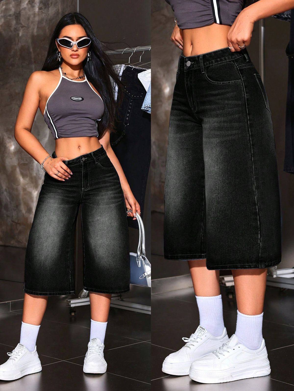 Washed Black Wide-Leg Denim Culottes