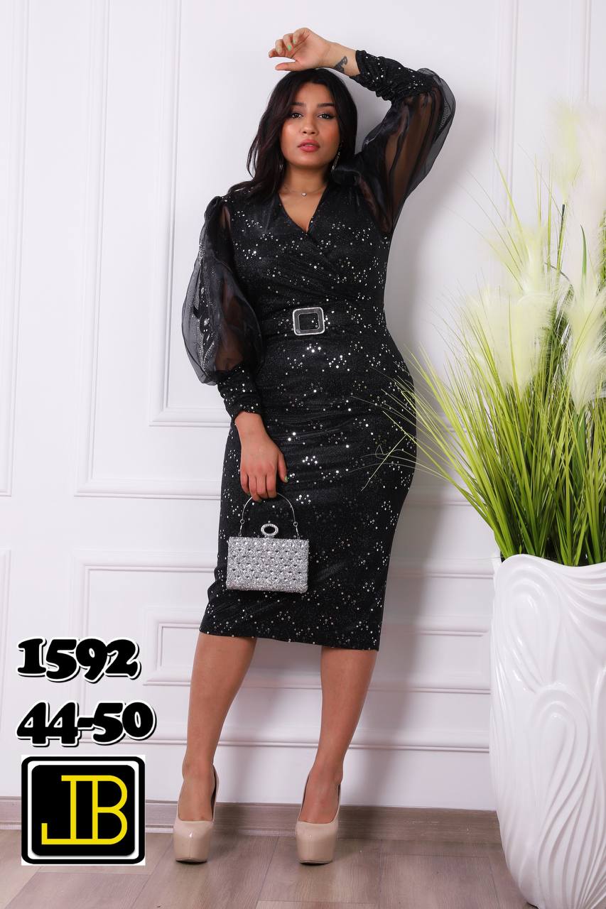 Elegant Shimmer Midi Dress with Organza Puff Sleeves