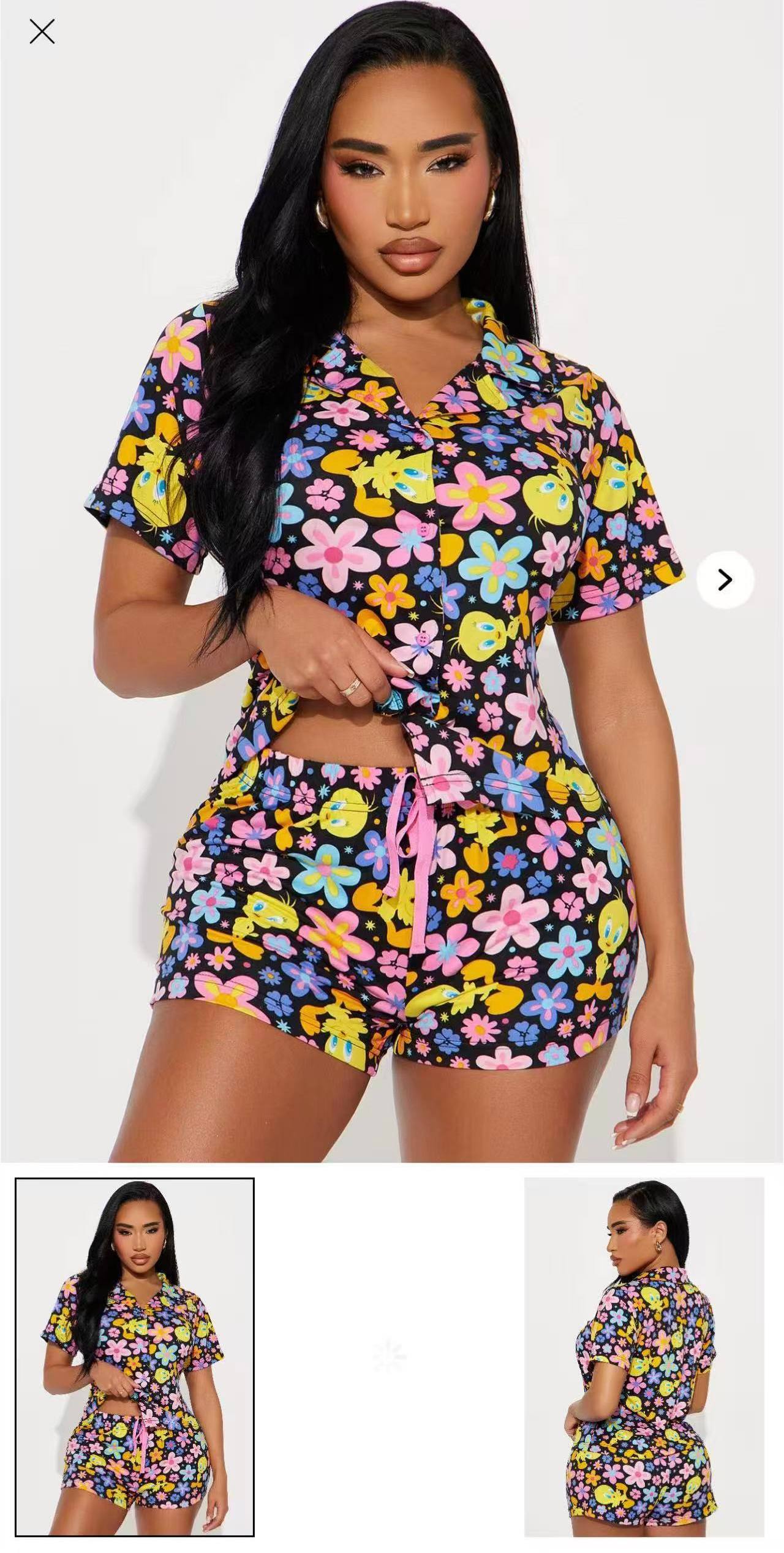 Short Sleeve Notch Collar Shirt & Drawstring Shorts Loungewear - Image 2