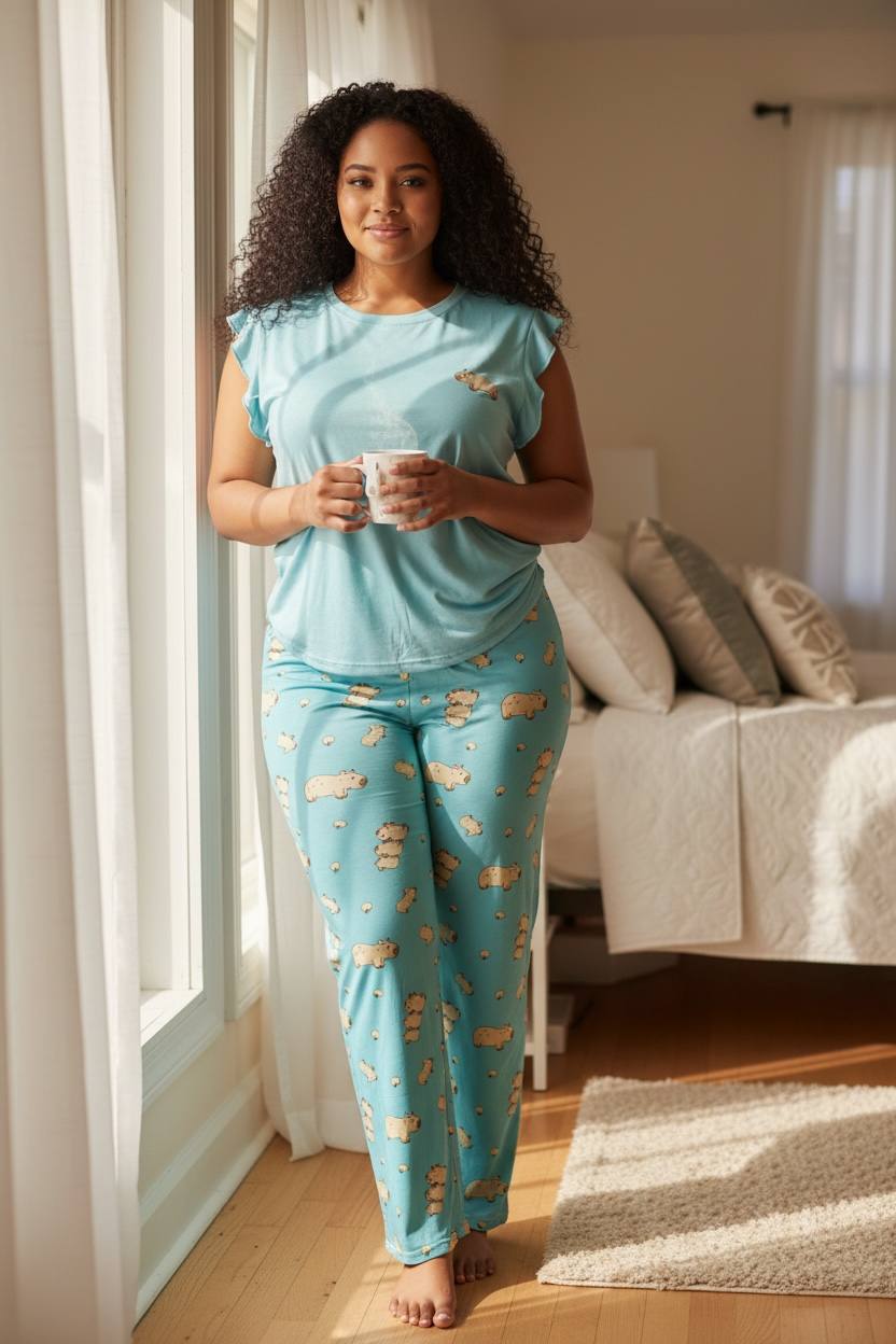 Ruffled Cap Sleeve Top & Printed Lounge Pants