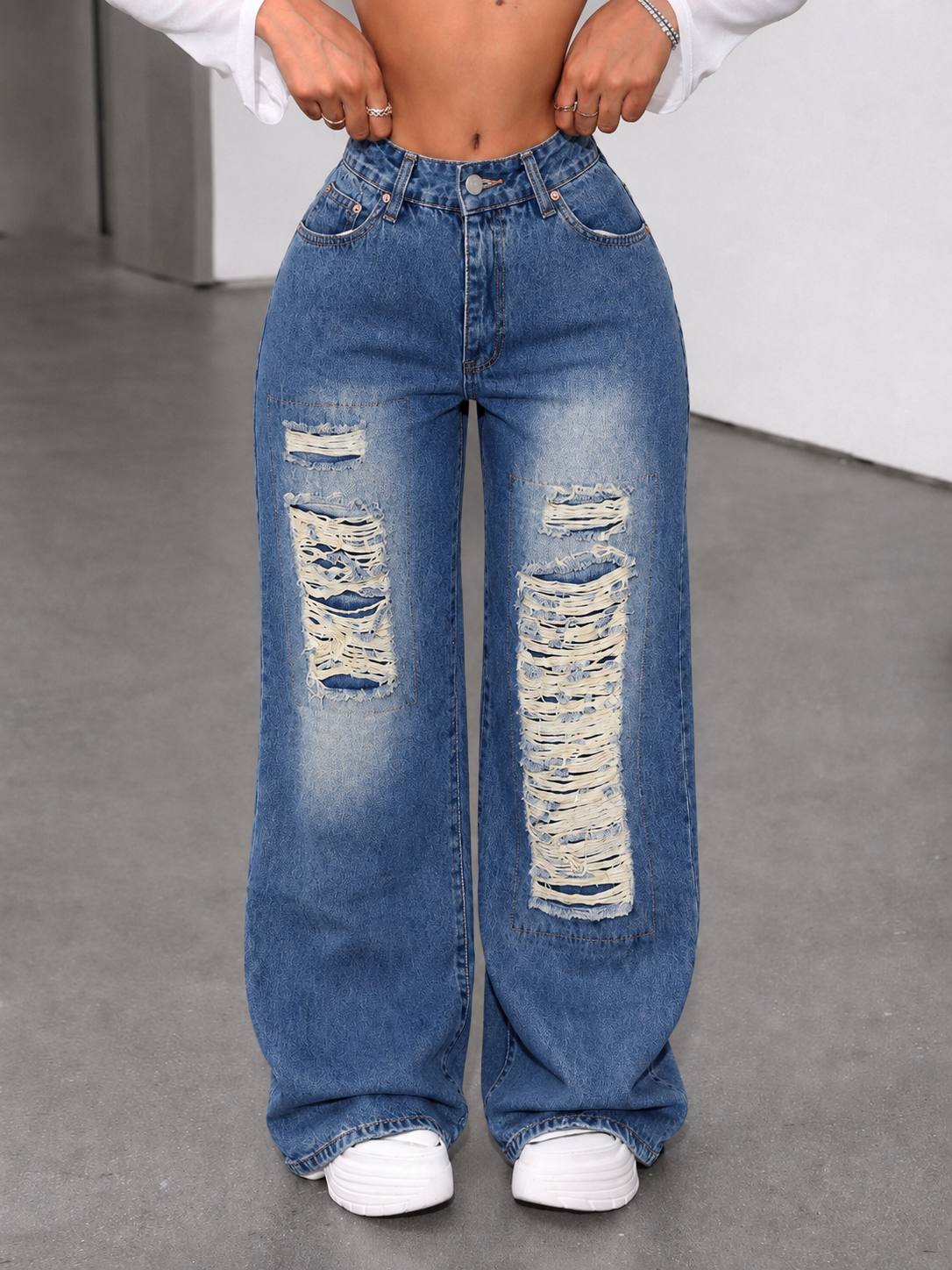 Distressed High-Waisted Wide-Leg Denim Jeans