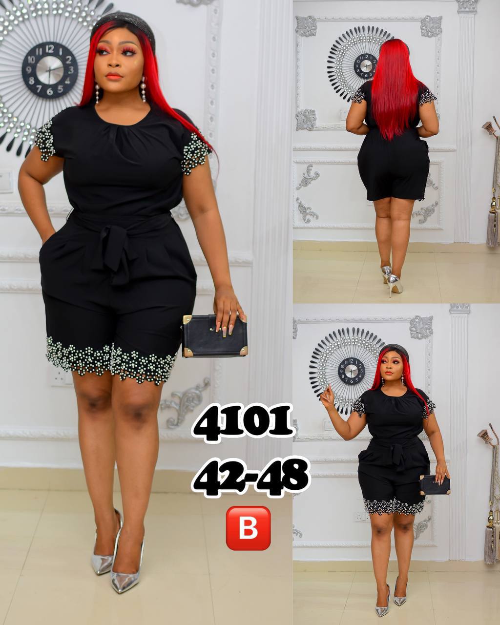 Elegant High-Low Short Jumpsuit with Sheer Floral Lace Illusion Cape Sleeves and Pearl Trim - Image 3
