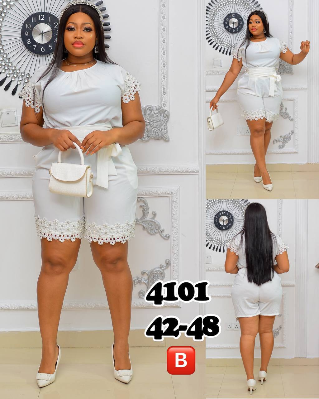 Elegant High-Low Short Jumpsuit with Sheer Floral Lace Illusion Cape Sleeves and Pearl Trim - Image 6