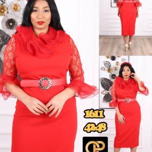 Ruffle-Neck Lace Sleeve Midi Dress