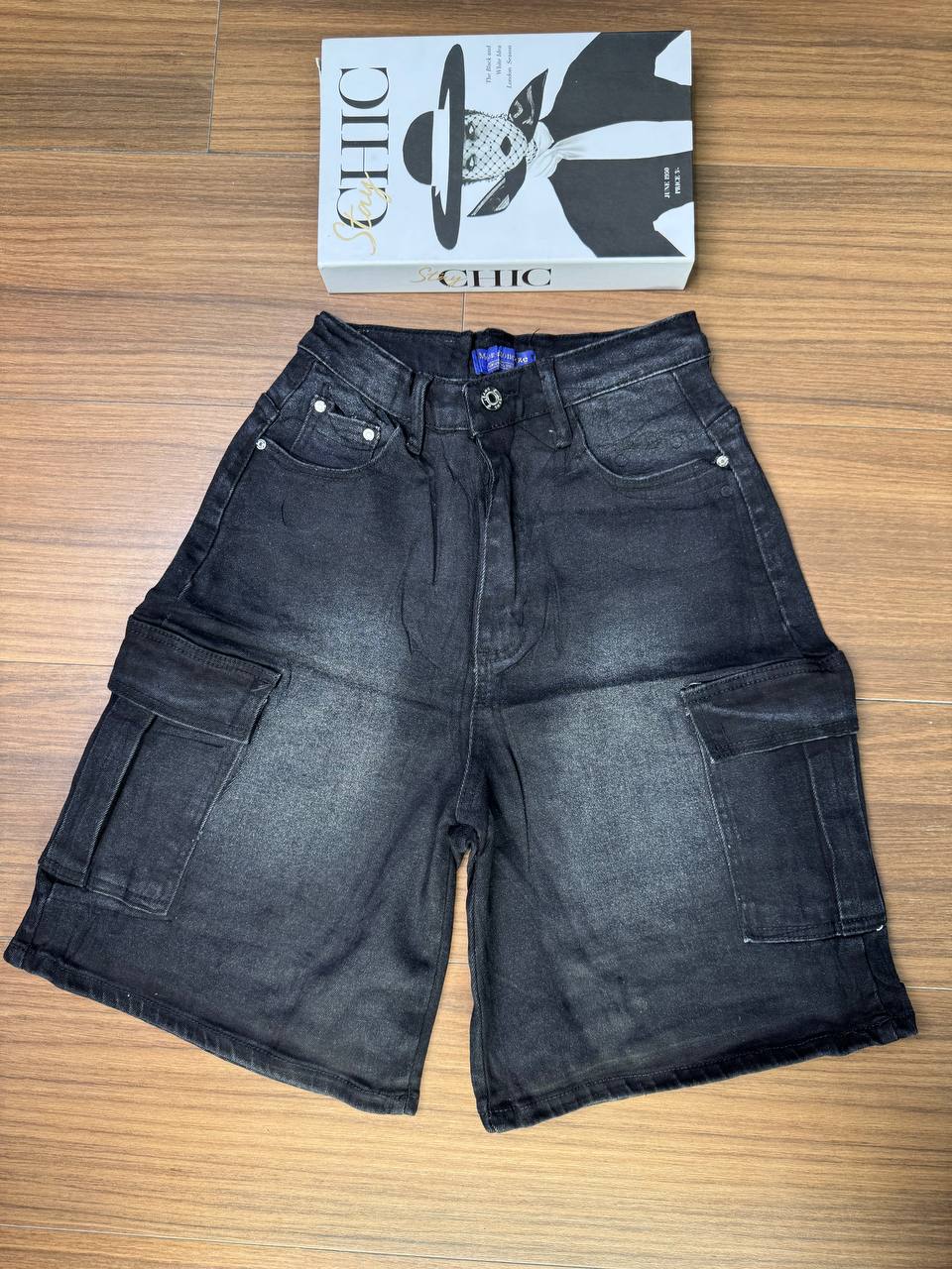 Washed Black Denim Cargo Shorts
