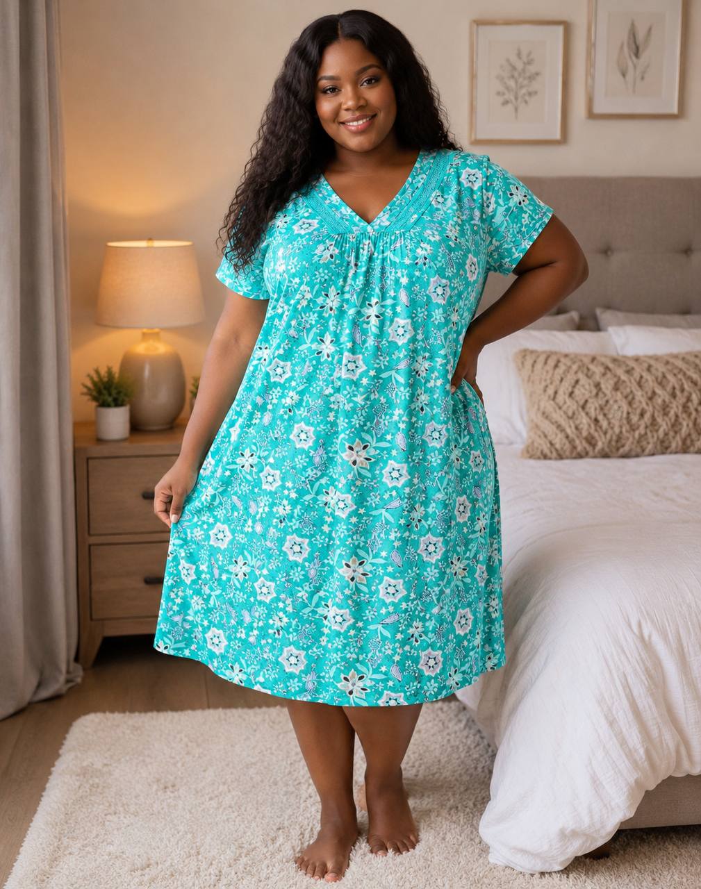 Women’s Plus Size Ultra-Soft Short Sleeve Muumuu – Gathered V-Neck Knit Sleep Dress & Loungewear